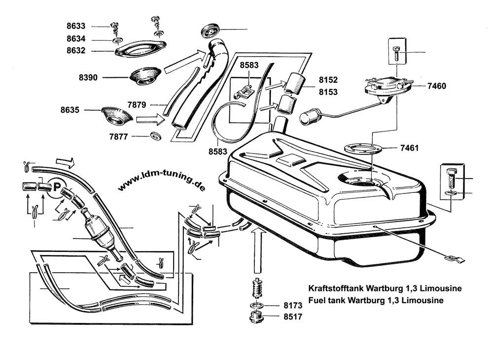 Rubber seal for for fuel tank tube (lower side) is presented at the exploded drawing with to order number 8635.