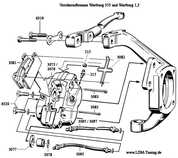 explosion view of Wartburg disc brake system