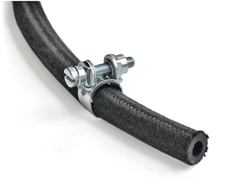 Picture: mounted Clamp for flexible fuel hose 5,5 mm with texture as example.