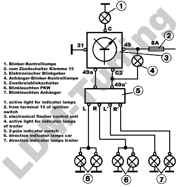 Anschlussplan des Blinkgebers 6V für Anhängerbetrieb