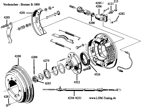 blown-up drawing of front brake drum, B1000
