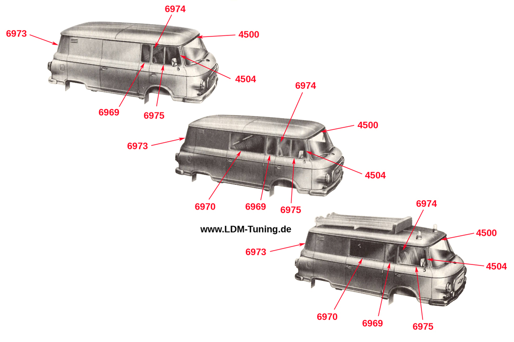 Abbildung: Skizze zur Veranschaulichung der Montageorte der Gummiprofile an den verschiedenen Barkas-Modellen.