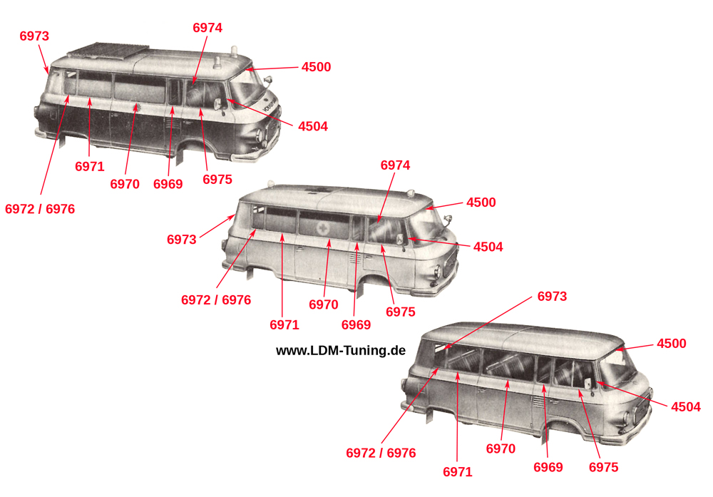 Abbildung: Skizze zur Veranschaulichung der Montageorte der Gummiprofile an den verschiedenen Barkas-Modellen.