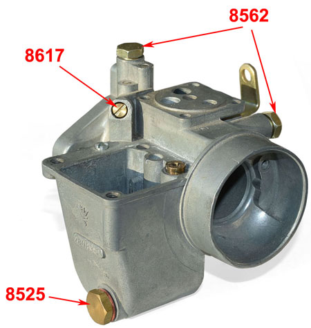 Abbildung: Montierte Gemischschraube am Beispiel eines Trabant BVF Vergasers Typ 28HB 3-1. Das Bild dient nur zur Veranschaulichung des Montageplatzes. Alle anderen Bauteile bis auf die eigentliche Gemischschraube sind nicht Bestandteil des Artikels!