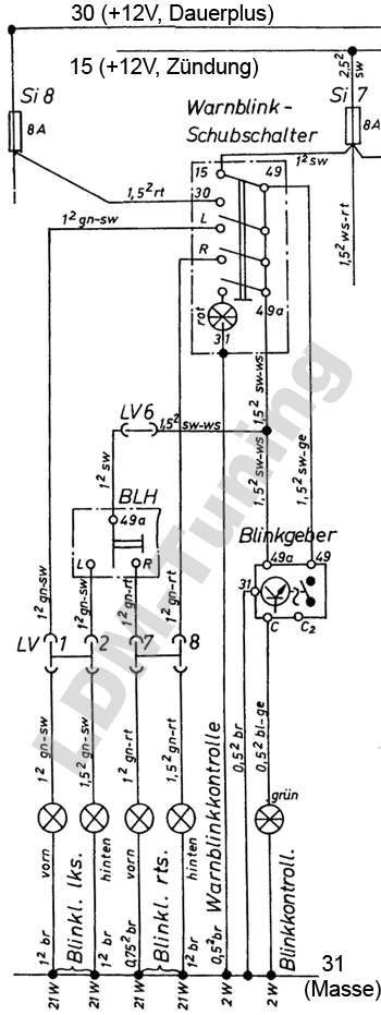 Schaltplan für den Warnblink-Schubschalter 12V