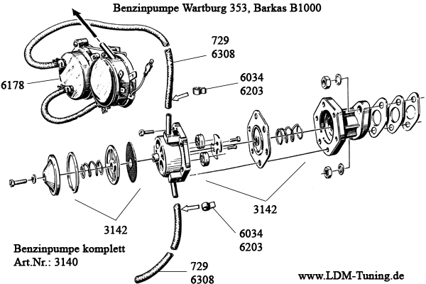 Explosionszeichnung der Benzinpumpe von Wartburg 353 und Barkas B1000