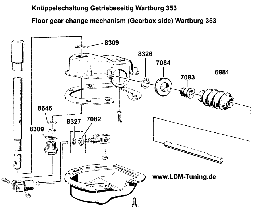 Collar for gear shifting shaft (W353) is at the exploded floor LDM-order no.: 6981.